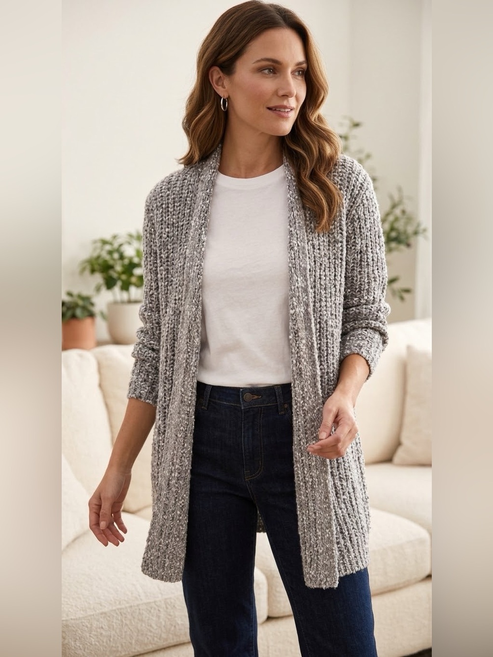 J. Jill Cozy Open-Front Gray chunky knit Cardigan Sweater large petite